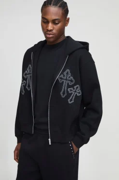 boohooMAN Surdimensionné, à coupe carrée, avec fermeture éclair traversant un motif croisé brodé, survêtement à jambes larges<Homme Survêtements