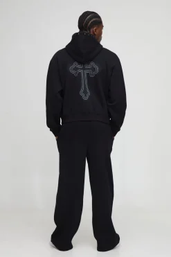 boohooMAN Surdimensionné, à coupe carrée, avec fermeture éclair traversant un motif croisé brodé, survêtement à jambes larges<Homme Survêtements