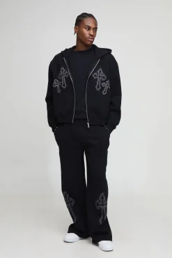 boohooMAN Surdimensionné, à coupe carrée, avec fermeture éclair traversant un motif croisé brodé, survêtement à jambes larges<Homme Survêtements