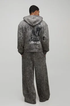 boohooMAN Survêtement à capuche délavé à fermeture éclair intégrale, surdimensionné et au design graphique boxy<Homme Survêtements