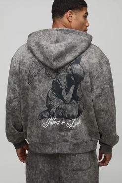 boohooMAN Survêtement à capuche délavé à fermeture éclair intégrale, surdimensionné et au design graphique boxy<Homme Survêtements