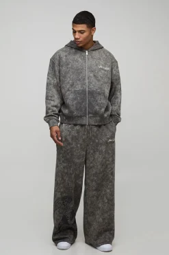 boohooMAN Survêtement à capuche délavé à fermeture éclair intégrale, surdimensionné et au design graphique boxy<Homme Survêtements