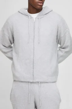 Survêtement à capuche en maille tricotée, surdimensionné, à coupe boxy et duveteux, avec fermeture éclair