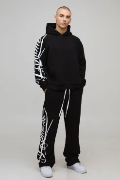 Survêtement Homme Script Surdimensionné avec Sweat à Casynthétiqueche Boxy et Jogging Décontracté à Ourlet Fendu
