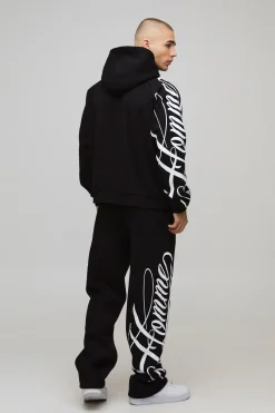 Survêtement Homme Script Surdimensionné avec Sweat à Casynthétiqueche Boxy et Jogging Décontracté à Ourlet Fendu