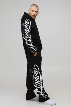 Survêtement Homme Script Surdimensionné avec Sweat à Casynthétiqueche Boxy et Jogging Décontracté à Ourlet Fendu