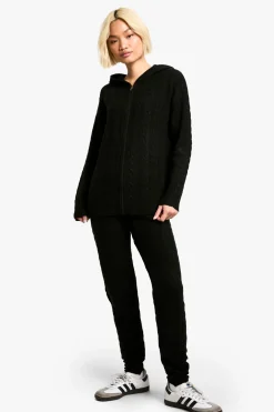 boohoo Survêtement tricoté à capuche, à motif câble doux et zip intégral<Femme Pulls Et Gilets|Toutes Les Mailles