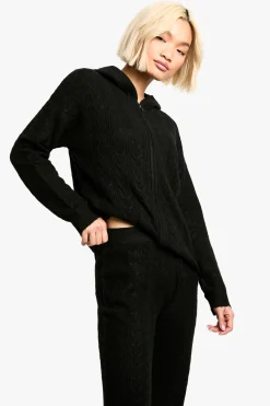 boohoo Survêtement tricoté à capuche, à motif câble doux et zip intégral<Femme Pulls Et Gilets|Toutes Les Mailles