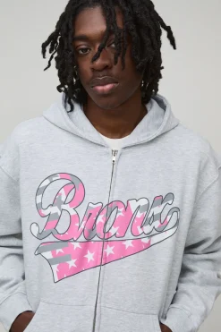 boohooMAN Sweat à capuche boxy surdimensionné à fermeture éclair avec impression "Through Bronx"<Homme Sweats À Capuche Et Sweatshirts|Sweats À Capuche Et Sweats