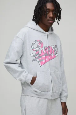 boohooMAN Sweat à capuche boxy surdimensionné à fermeture éclair avec impression "Through Bronx"<Homme Sweats À Capuche Et Sweatshirts|Sweats À Capuche Et Sweats