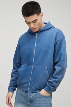 Sweat à capuche boxy surdimensionné en denim délavé avec zip