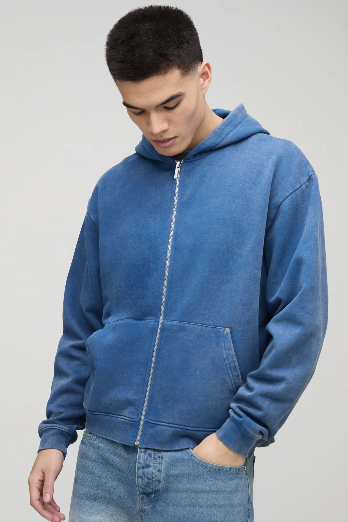 Sweat à capuche boxy surdimensionné en denim délavé avec zip