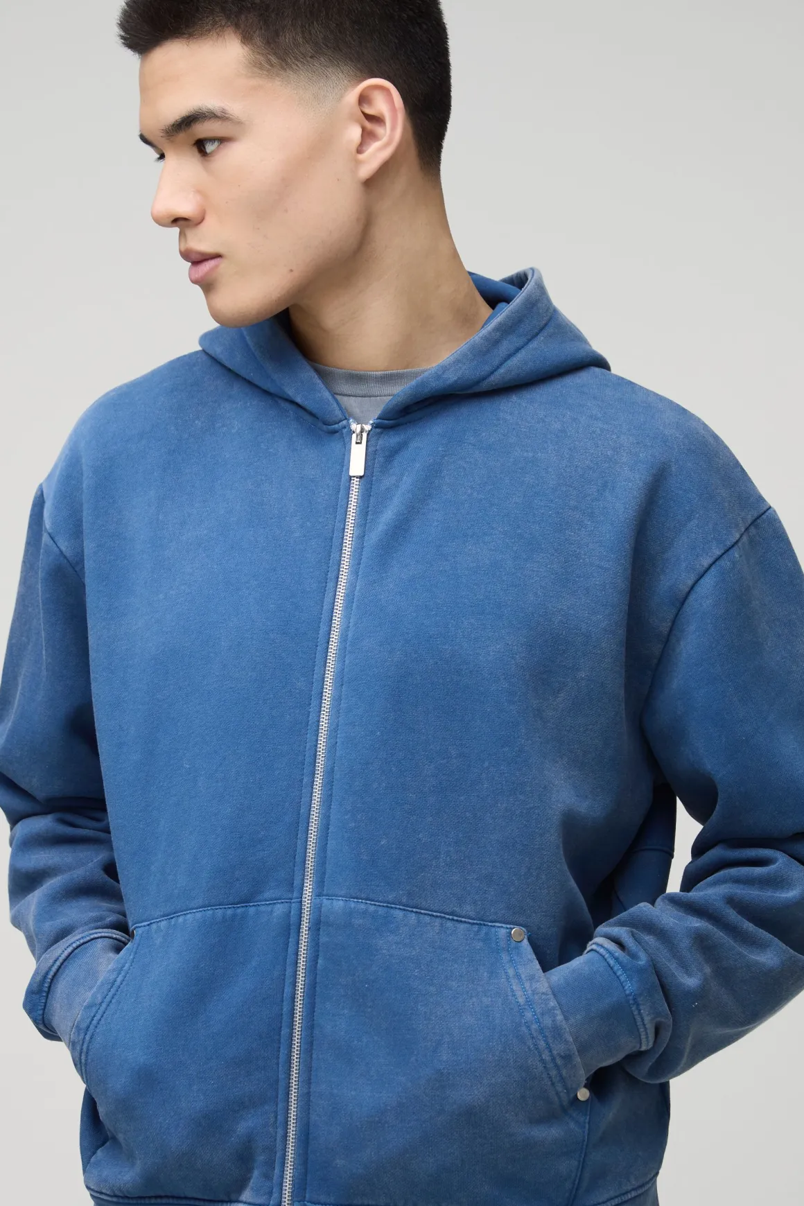 Sweat à capuche boxy surdimensionné en denim délavé avec zip