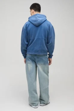 Sweat à capuche boxy surdimensionné en denim délavé avec zip