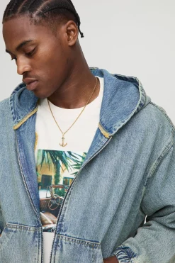 Sweat à capuche en denim délavé, surdimensionné et à coupe boxy