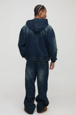 Sweat à capuche en denim lavé surdimensionné à la coupe carrée avec applique étoile