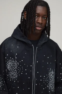 Sweat à capuche en denim noir délavé à strass, coupe boxy