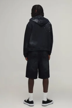 Sweat à capuche en denim noir délavé à strass, coupe boxy