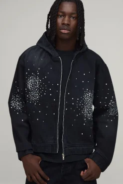 Sweat à capuche en denim noir délavé à strass, coupe boxy