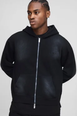 Sweat à capuche homme surdimensionné, à coupe carrée, en spray wash, brodé et doté d'une fermeture éclair à double extrémité