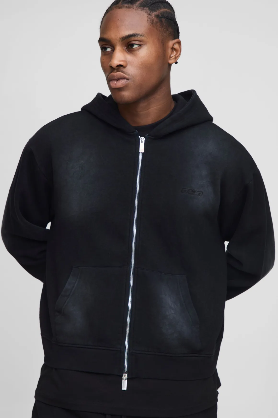 Sweat à capuche homme surdimensionné, à coupe carrée, en spray wash, brodé et doté d'une fermeture éclair à double extrémité