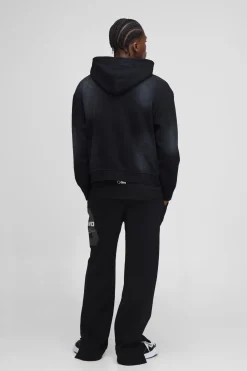 Sweat à capuche homme surdimensionné, à coupe carrée, en spray wash, brodé et doté d'une fermeture éclair à double extrémité