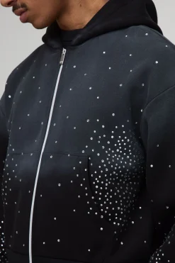 boohooMAN Sweat à capuche à la coupe rétrécie, orné de strass, délavé, avec fermeture éclair<Homme Sweats À Capuche Et Sweatshirts|Sweats À Capuche Et Sweats