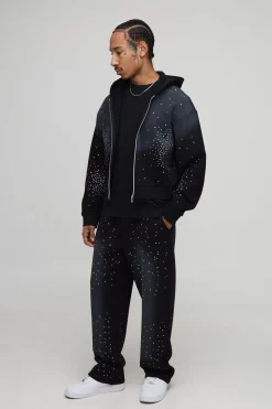 boohooMAN Sweat à capuche à la coupe rétrécie, orné de strass, délavé, avec fermeture éclair<Homme Sweats À Capuche Et Sweatshirts|Sweats À Capuche Et Sweats