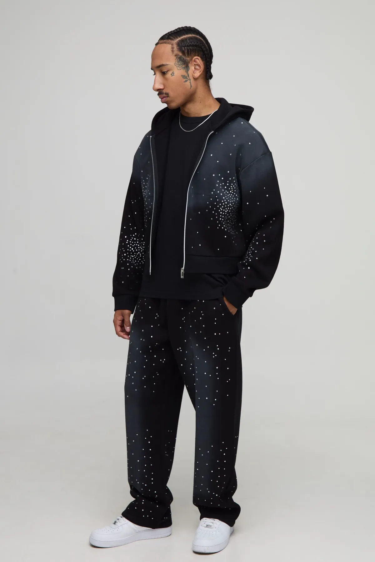 boohooMAN Sweat à capuche à la coupe rétrécie, orné de strass, délavé, avec fermeture éclair<Homme Sweats À Capuche Et Sweatshirts|Sweats À Capuche Et Sweats