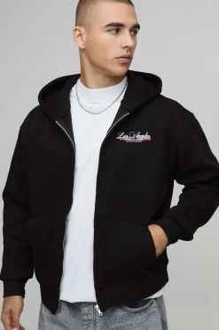 Sweat à capuche noir oversize, coupe carrée, à fermeture éclair, avec imprimé gonflé "Through Los Angeles"