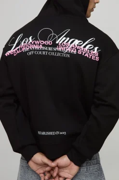 Sweat à capuche noir oversize, coupe carrée, à fermeture éclair, avec imprimé gonflé "Through Los Angeles"