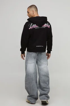 Sweat à capuche noir oversize, coupe carrée, à fermeture éclair, avec imprimé gonflé 