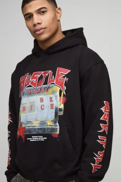 boohooMAN Sweat à capuche surdimensionné à coupe boxy, imprimé de strass "Hustle Slot Machine"<Homme Sweats À Capuche Et Sweatshirts|Sweats À Capuche Et Sweats