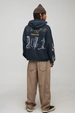 Sweat à capuche noir surdimensionné premium officiel à motif de tête de mort, lavé et imprimé