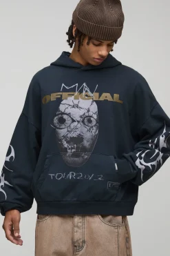 Sweat à capuche noir surdimensionné premium officiel à motif de tête de mort, lavé et imprimé