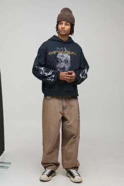 Sweat à capuche noir surdimensionné premium officiel à motif de tête de mort, lavé et imprimé
