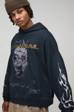 Sweat à capuche noir surdimensionné premium officiel à motif de tête de mort, lavé et imprimé
