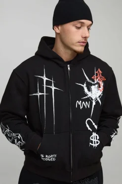 boohooMAN Sweat à capuche surdimensionné à la coupe carrée avec impression graffiti tatouage à fermeture éclair intégrale<Homme Sweats À Capuche Et Sweatshirts|Sweats À Capuche Et Sweats