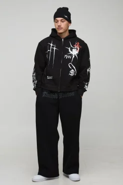 boohooMAN Sweat à capuche surdimensionné à la coupe carrée avec impression graffiti tatouage à fermeture éclair intégrale<Homme Sweats À Capuche Et Sweatshirts|Sweats À Capuche Et Sweats