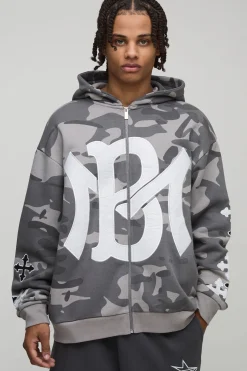 Sweat à capuche oversize à appliqué croisé camouflage avec zip intégral
