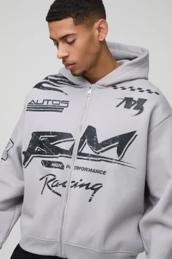 boohooMAN Sweat à capuche oversize Boxy Moto Racing Flame zippé<Homme Sweats À Capuche Et Sweatshirts|Sweats À Capuche Grande Taille