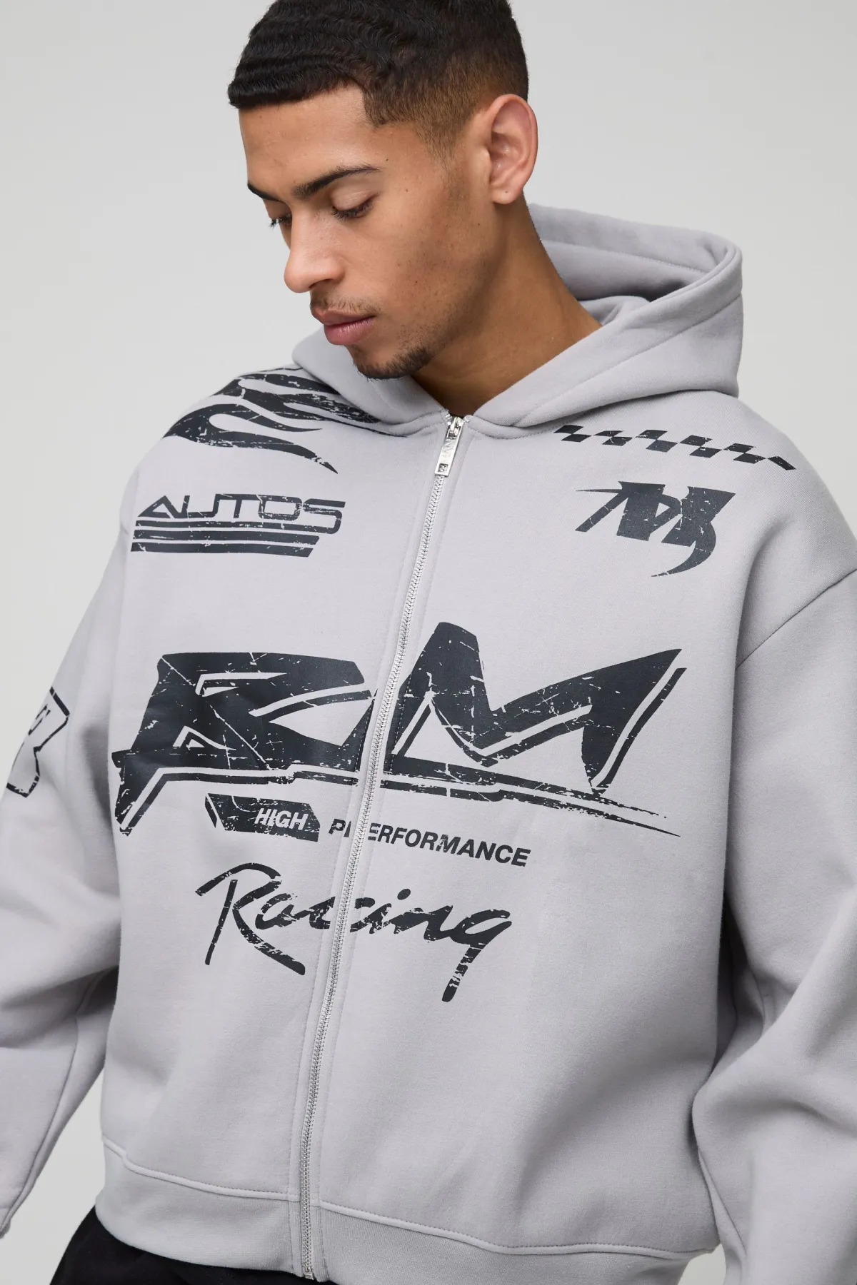 boohooMAN Sweat à capuche oversize Boxy Moto Racing Flame zippé<Homme Sweats À Capuche Et Sweatshirts|Sweats À Capuche Grande Taille