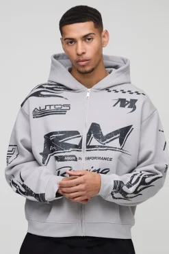boohooMAN Sweat à capuche oversize Boxy Moto Racing Flame zippé<Homme Sweats À Capuche Et Sweatshirts|Sweats À Capuche Grande Taille