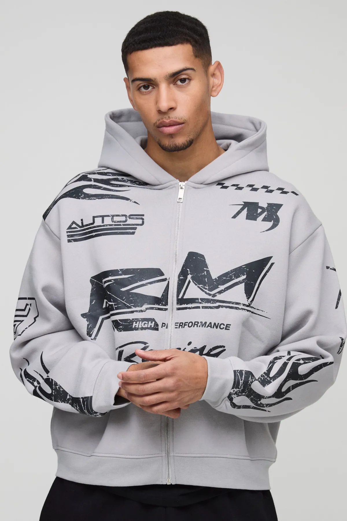 boohooMAN Sweat à capuche oversize Boxy Moto Racing Flame zippé<Homme Sweats À Capuche Et Sweatshirts|Sweats À Capuche Grande Taille