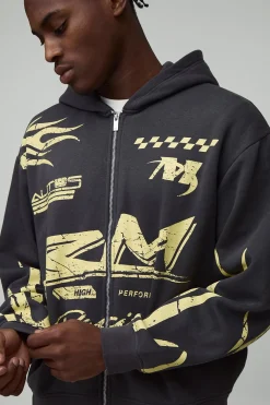 Sweat à capuche oversize boxy Moto Racing Flame à zip