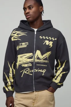 Sweat à capuche oversize boxy Moto Racing Flame à zip