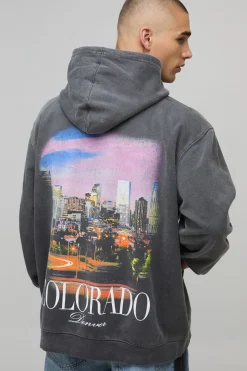 Sweat à capuche oversize Charcoal Colorado lavé à imprimé Location