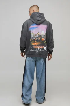 Sweat à capuche oversize Charcoal Colorado lavé à imprimé Location