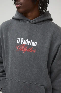 boohooMAN Sweat à capuche oversize couleur charbon « The Godfather » avec licence imprimée et effet délavé<Homme Sweats À Capuche Et Sweatshirts|Sweats À Capuche Et Sweats