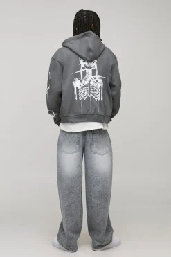 boohooMAN Sweat à capuche oversize couleur , à fermeture éclair et imprimé d’un tatouage graffiti<Homme Sweats À Capuche Et Sweatshirts|Sweats À Capuche Grande Taille